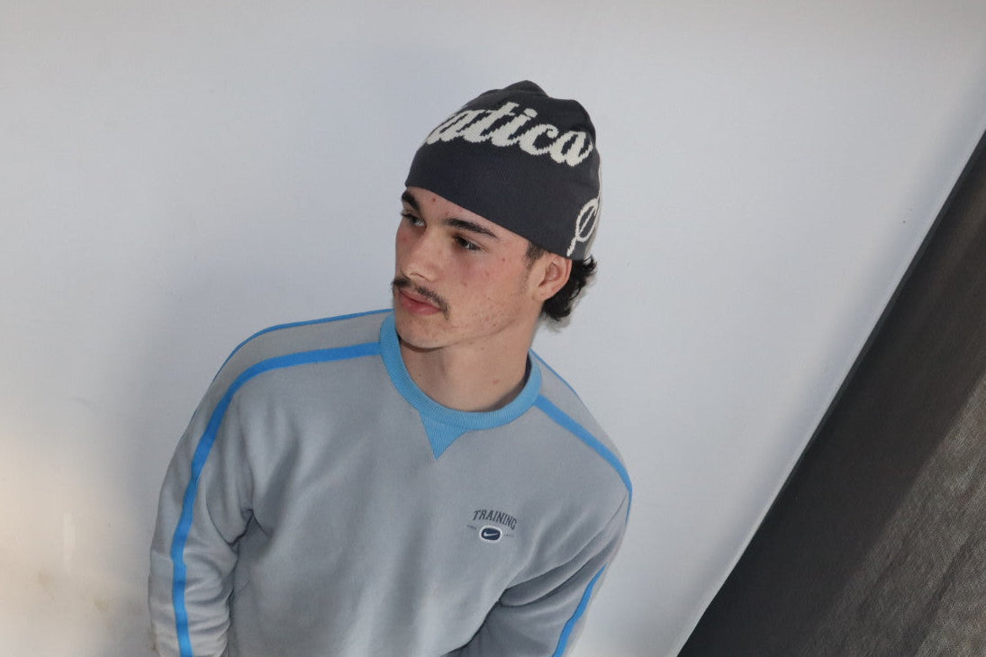 Grey and cream reversible beanie