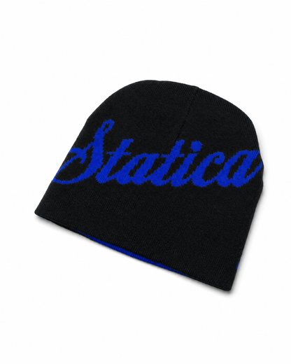 Black and blue reversible beanie