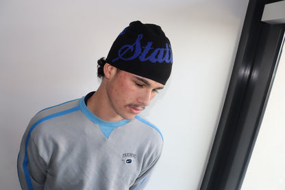 Black and blue reversible beanie