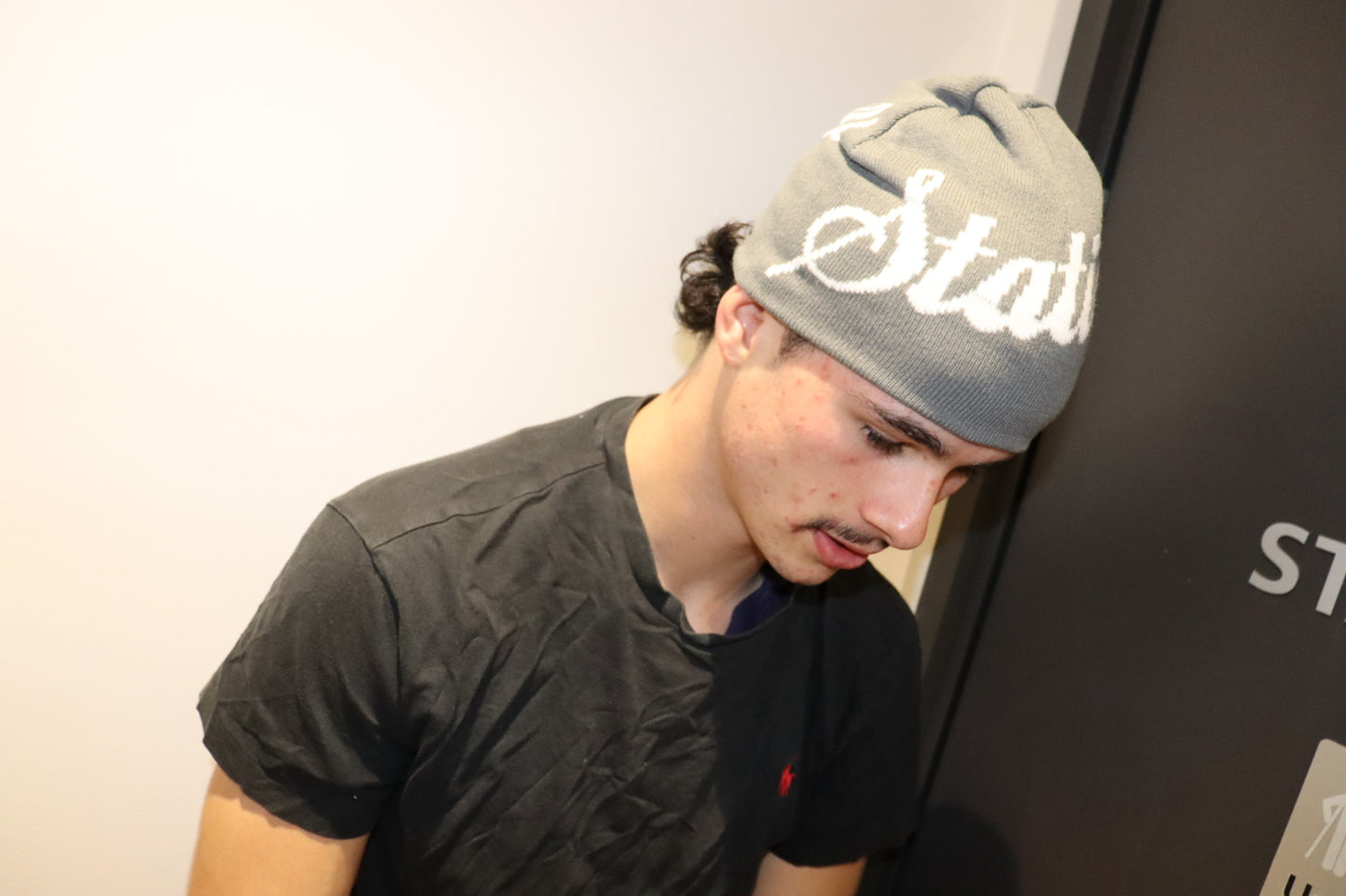 Grey and white reversible beanie