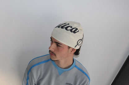 Grey and cream reversible beanie