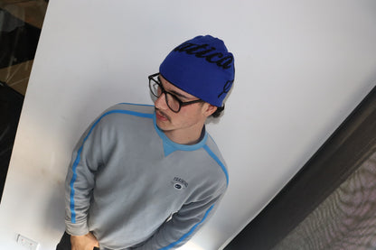 Black and blue reversible beanie